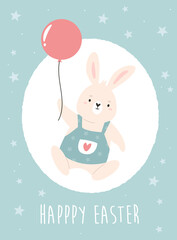 Easter card with cute funny rabbit and air balloon