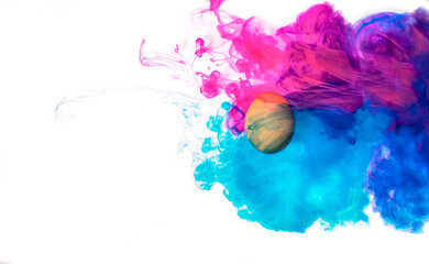 Creative color overflow concept of painting Easter egg. An explosion of neon colors pink and blue on white background.