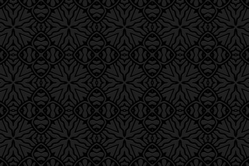 Obraz na płótnie Canvas Embossed ethnic decorative black background, exclusive cover design. Geometric ornamental 3D pattern. National elements of creativity of the peoples of the East, Asia, India, Mexico, Aztecs.