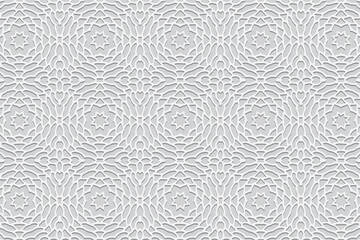 Embossed ethnic openwork white background, exclusive cover design. Geometric ornamental 3D pattern with stars. National elements of creativity of the peoples of the East, Asia, India, Mexico, Aztecs.