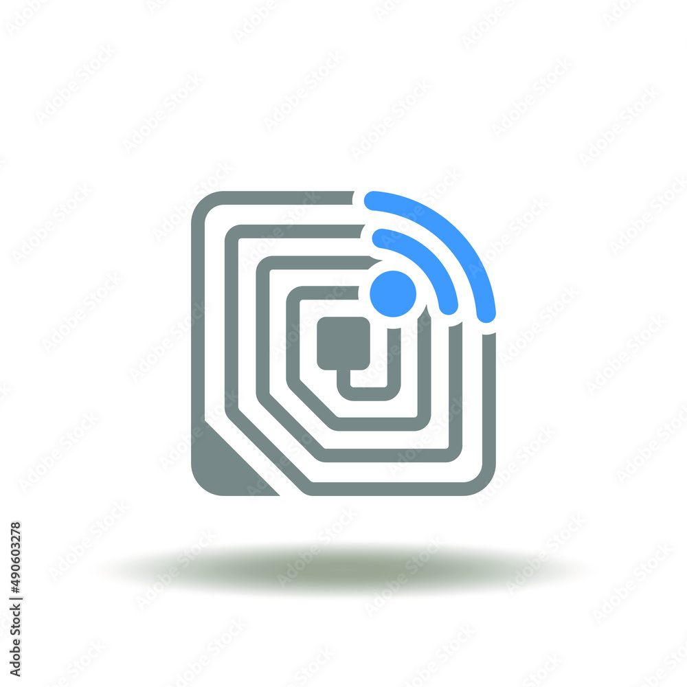 Poster vector illustration of chip with wireless radio signal. icon of rfid tag microchip. symbol of radio 