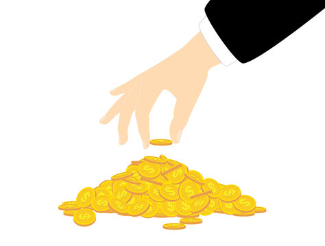 Hand puts coin on a pile of gold coins. Income, profits. Flat, isolated, vector