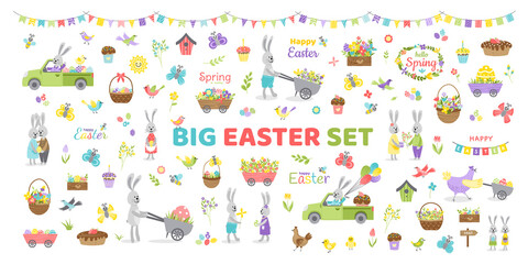 Big Easter spring set. Bunnies, eggs, flowers, basket, bird, car, flag, chick. Flat cartoon vector