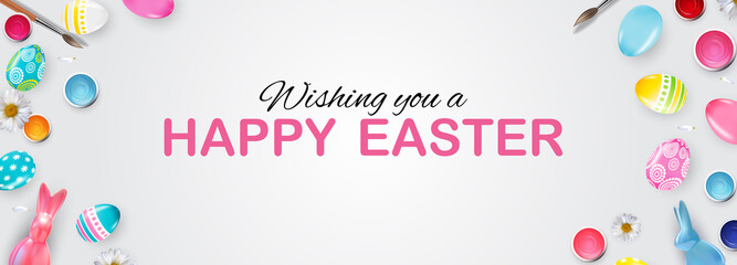 Easter poster template with 3d realistic Easter eggs and paint. Template for advertising, poster, flyer, greeting card. Illustration