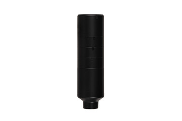 Black silencer for weapons. Suppressor that is at the end of an assault rifle. Isolate on a white back.