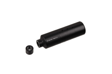 Black silencer for weapons. Suppressor that is at the end of an assault rifle. Isolate on a white...