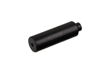 Black silencer for weapons. Suppressor that is at the end of an assault rifle. Isolate on a white...