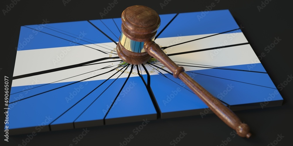 Poster judge's gavel and broken block with flag of nicaragua. conceptual 3d rendering