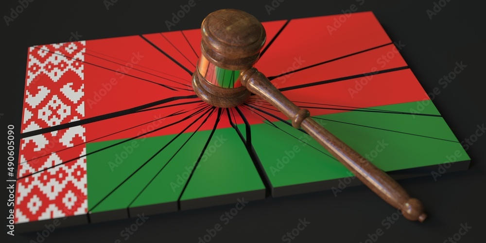 Poster judge's gavel and broken block with flag of belarus. conceptual 3d rendering