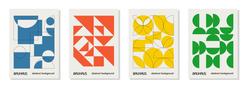 Set Of 4 Minimal Vintage 20s Geometric Design Posters, Wall Art, Template, Layout With Primitive Shapes Elements. Bauhaus Retro Pattern Background, Vector Abstract Circle, Triangle And Square Line Art