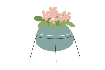 Minimalistic violet in a pot on a stand. House plant in trendy colors. Vector illustration in flat cartoon style isolated on white background