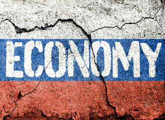 Flag of Russia painted on a concrete wall with word economy.