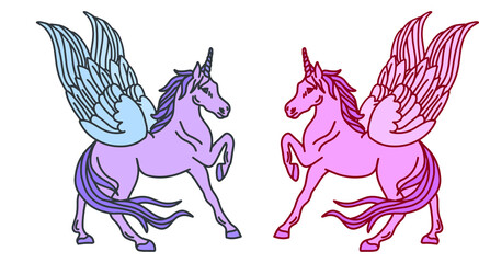 rainbow unicorn with wings doodle vector logo