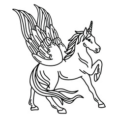 Magic unicorn vector illustration in doodle line. Stylish symbol, artwork, tattoo. Horse vector illustration in hand drawn style.