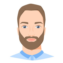 Young white man face with beard. Male portrait of brunette in flat style. Front view. Vector