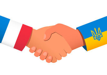 Handshake between France and Ukraine as a symbol of financial or political relations and assistance. Vector illustration EPS 10