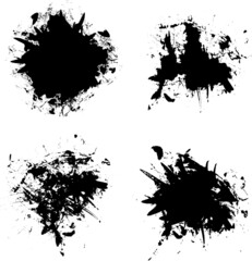 Collection splatter paint in black color. Set dark liquid stains. Black ink stains design in white background. Grunge splatter in art painting. Abstract art. Black splash elements.