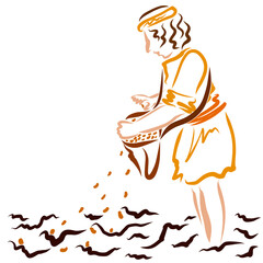 sower in the field sows the seed, the peasant or the Bible parable - obrazy, fototapety, plakaty