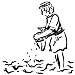 sower in the field sows the seed, the peasant or the Bible parable, black outline