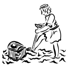 Biblical parable about a man who found a treasure in the field, about the Kingdom of Heaven, black outline