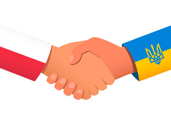 Handshake between Poland and Ukraine as a symbol of financial or political relations and assistance. Vector illustration EPS 10