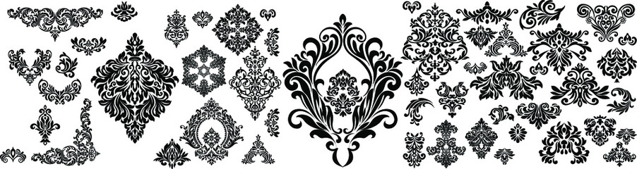 Set of Oriental vector damask patterns for greeting cards and wedding invitations.