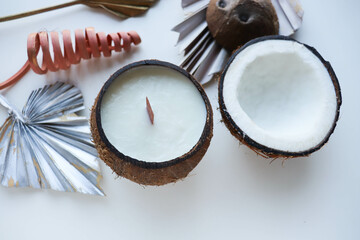 original decorative candle in a coconut. natural soy wax candle 