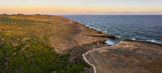 Aerial view of coast scenery with the ocean, cliff, along the raw north side, Curacao, Caribbean