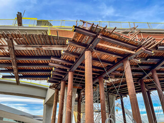 Bracing and support in place for a overhead freeway construction project