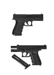 Modern semi-automatic pistol. A short-barreled weapon for self-defense. Arming the police, special units and the army. Isolate on a white back