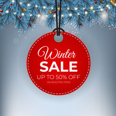 Naklejka na ściany i meble Winter sale Red tag banner for seasonal retail promotion. illustration