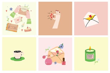 Hand drawn Vector set of Modern woman Lifestyle. Work and sport, fashion, spa, hobby, shopping concept. Various isolated icons