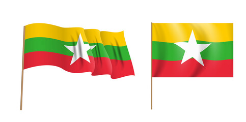 Colorful naturalistic waving flag of Republic of the Union of Myanmar. Illustration.