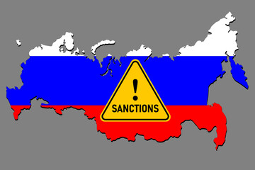 Sanctions Russia. A sign warning about sanctions against the background of a map of the Russian Federation painted in the color of the flag. Economic isolation of Russia. Sanctions vector illustration