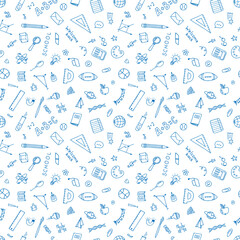 Hand drawn seamless pattern with school symbols. Sketchy elements. Back to school background