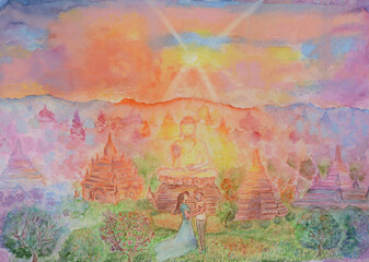 Painting of a couple near temples and blessing Buddha statue during beautiful sunset
