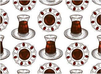 Sketch drawing pattern of traditional Turkish hot black tea in glass cup isolated on transparent background. Engraved Arabian brewed drink wallpaper. Tulip shape mug, pot. Vintage vector illustration. - 490612210