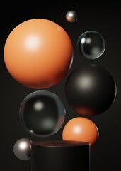 Minimalist orange and black geometric pedestal or podium for product showcase background. Spheres backdrop. Empty template. Cylinder shape. Blank stage. Mock up, display. 3d render illustration
