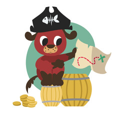 Pirate dog sitting on wooden barrel. Anthropomorphic animal in flat style