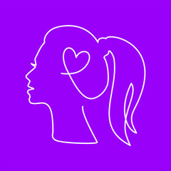 Woman mental health concept. Self love, self acceptance. Silhouette of a feminine head with a heart inside, like a brain, in line art style. Vector illustration on isolated purple background.