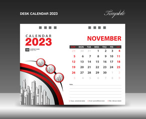 November 2023 template. Desk Calendar 2023 template with circle frame can be use photo, Wall Calendar design, planner, Corporate Calendar 2023 creative design mockup, printing, advertisement, vector