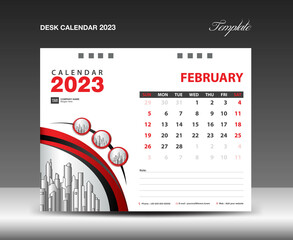 February 2023 template. Desk Calendar 2023 template with circle frame can be use photo, Wall Calendar design, planner, Corporate Calendar 2023 creative design mockup, printing, advertisement, vector