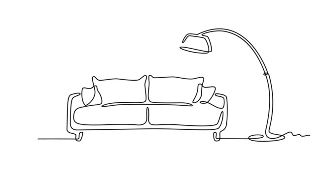 Continuous line drawing of sofa and lamp. One line iof interior Living room with modern furniture. Single line furniture. Hand draw contour of sofa. Doodle vector illustration. Front view