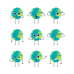 Obraz premium Cute earth characters different emotions and cartoon mascot globe collection set flat vector illustration. 