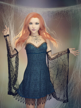 A 3d digital rendering of a toon style girl with a spiderweb dress and spider webs around her.