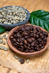 Green un-roasted and brown roasted coffee beans from Africa coffee producing region, cultivating in Ethiopia, Ivory Coast, Uganda, Kenya, Rwanda and Tanzania