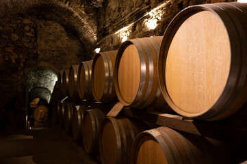 Medieval underground wine cellars with old red wine barrels for aging of vino nobile di...