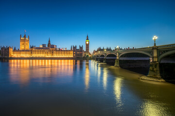 Fototapeta na wymiar Palace of Westminster with Big Ben and Westminster Bridge at night, London, United Kingdom