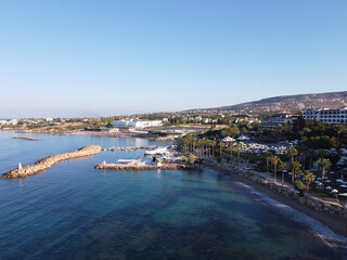Naklejka na ściany i meble Aerial view on Coral bay in Peyia, Mediterranean sea near Paphos, Cyprus, Coral beach at morning