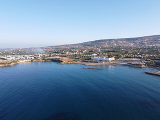 Fototapeta na wymiar Aerial view on Coral bay in Peyia, Mediterranean sea near Paphos, Cyprus, Coral beach at morning